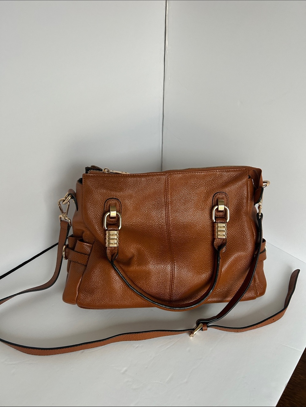Leather Structured Cognac Leather Shoulder Bag with Gold Hardware